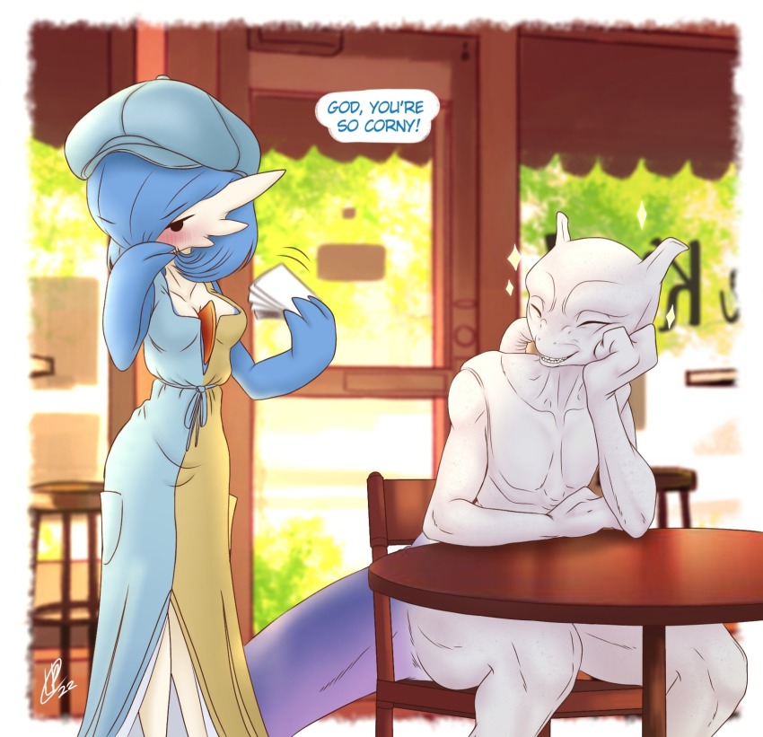 alternate_color, blue_hair, blue_skin, blush, bob_cut, chair, closed_eyes, clothed_pokemon, colored_skin, dress, english_text, flustered, gardevoir, gardevoir_(cafe), gen_1_pokemon, gen_3_pokemon, hair_over_one_eye, hand_on_own_cheek, hand_on_own_face, hat, highres, holding, holding_notepad, legendary_pokemon, mewtwo, mewtwoandme, multicolored_skin, nintendo, notepad, on_chair, pokemon, pokemon_(creature), pokemon_unite, shiny_pokemon, signature, sitting, smile, sparkle, speech_bubble, table, tail, two-tone_dress, two-tone_skin, white_skin, window