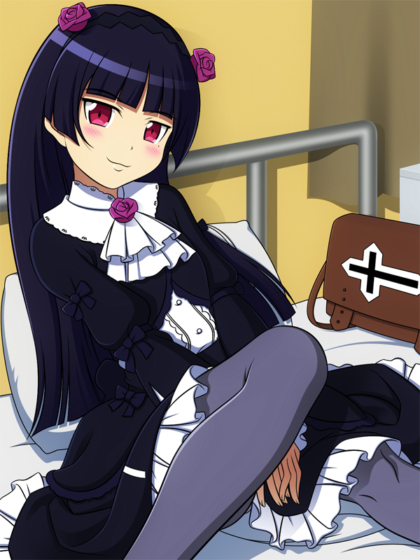 1girl, :3, bad_id, bad_pixiv_id, bag, bed, black_hair, dress, female_focus, gokou_ruri, gothic_lolita, ito_hajime, lolita_fashion, long_hair, mole, mole_under_eye, ore_no_imouto_ga_konna_ni_kawaii_wake_ga_nai, pantyhose, red_eyes, solo