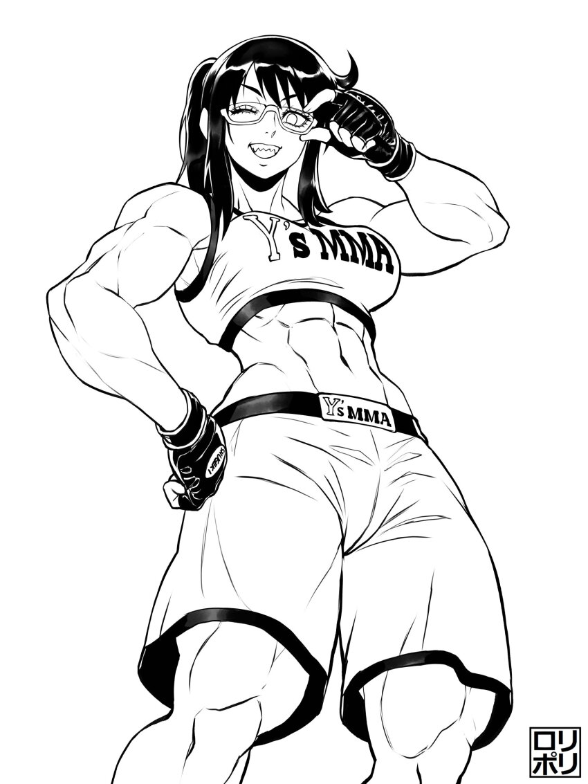 1girl, abs, absurdres, adjusting_eyewear, asumi_kakeru, breasts, fingerless_gloves, glasses, gloves, greyscale, hand_on_own_hip, hand_up, highres, jamrolypoly, long_hair, medium_breasts, mixed-language_commentary, monochrome, muscular, muscular_female, navel, okiba_nao, sharp_teeth, shorts, simple_background, solo, standing, teeth, white_background