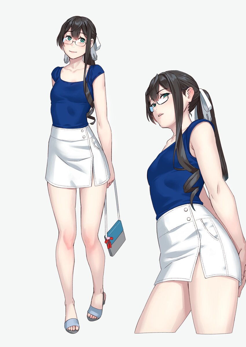 1girl, alternate_costume, bag, bare_arms, bare_shoulders, black-framed_eyewear, black_hair, blue_shirt