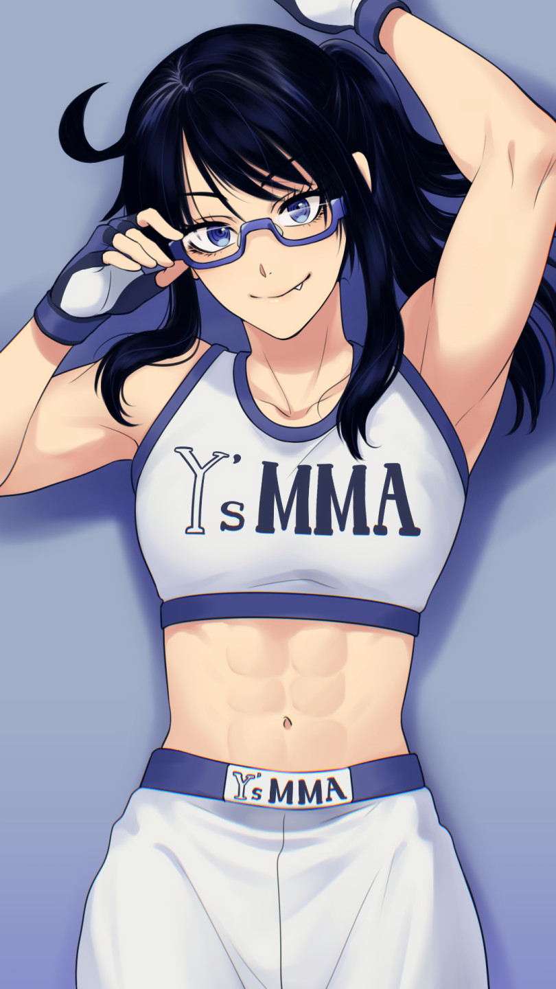 1girl, abs, adjusting_eyewear, arm_up, asumi_kakeru, black_hair, blue-framed_eyewear, fang