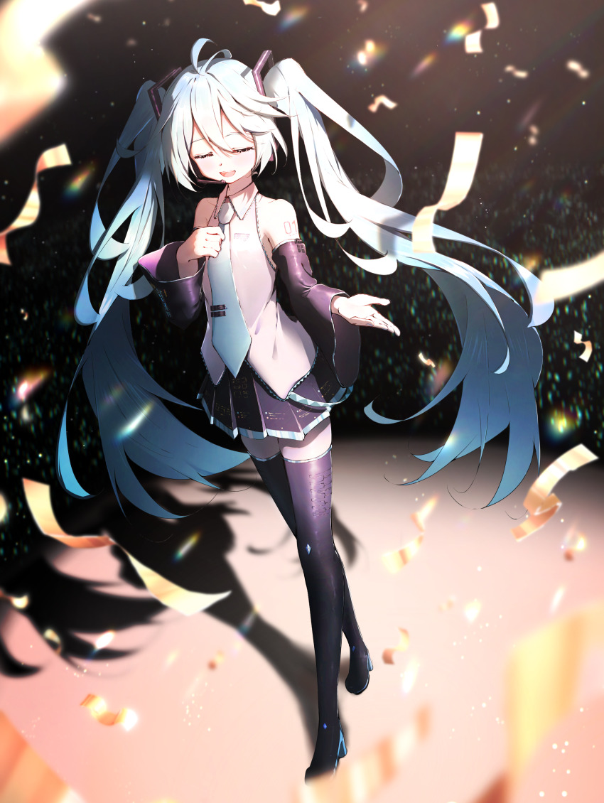 1girl, absurdres, ahoge, aqua_hair, aqua_necktie, audience, bare_shoulders, black_boots