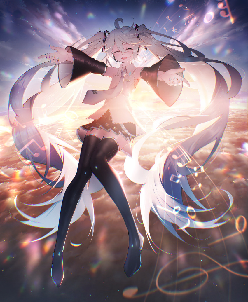 1girl, :d, ^_^, absurdres, ahoge, aqua_hair, backlighting, bare_shoulders