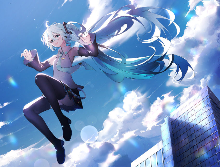 1girl, :d, absurdres, ahoge, aqua_eyes, aqua_hair, bare_shoulders, black_boots, black_skirt, black_sleeves, black_thighhighs, blue_nails, blue_necktie, blue_sky, boots, building, cloud, cloudy_sky, collared_shirt, day, detached_sleeves, floating_hair, full_body, grey_shirt, hair_between_eyes, hair_ornament, hands_up, hatsune_miku, highres, lens_flare, long_hair, long_sleeves, looking_at_viewer, masii1120, midair, miniskirt, nail_polish, necktie, open_mouth, outdoors, panties, pleated_skirt, shirt, skirt, sky, sleeveless, sleeveless_shirt, smile, solo, thigh_boots, thighhighs, twintails, underwear, very_long_hair, vocaloid, zettai_ryouiki