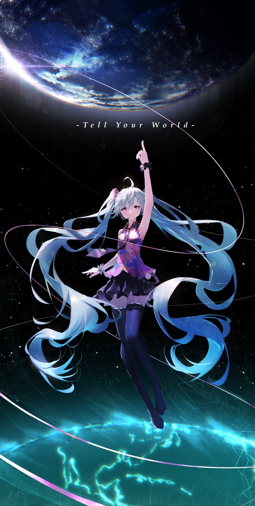 1girl, absurdly_long_hair, absurdres, ahoge, aqua_hair, arm_up, armpits, black_skirt