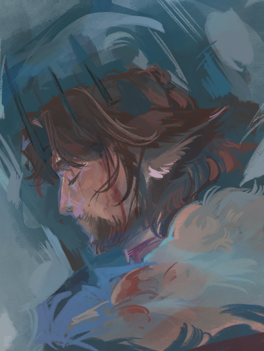 1boy, 3rd_life_smp, abstract_background, animal_ears, applestruda, beard, black_crown, bleeding