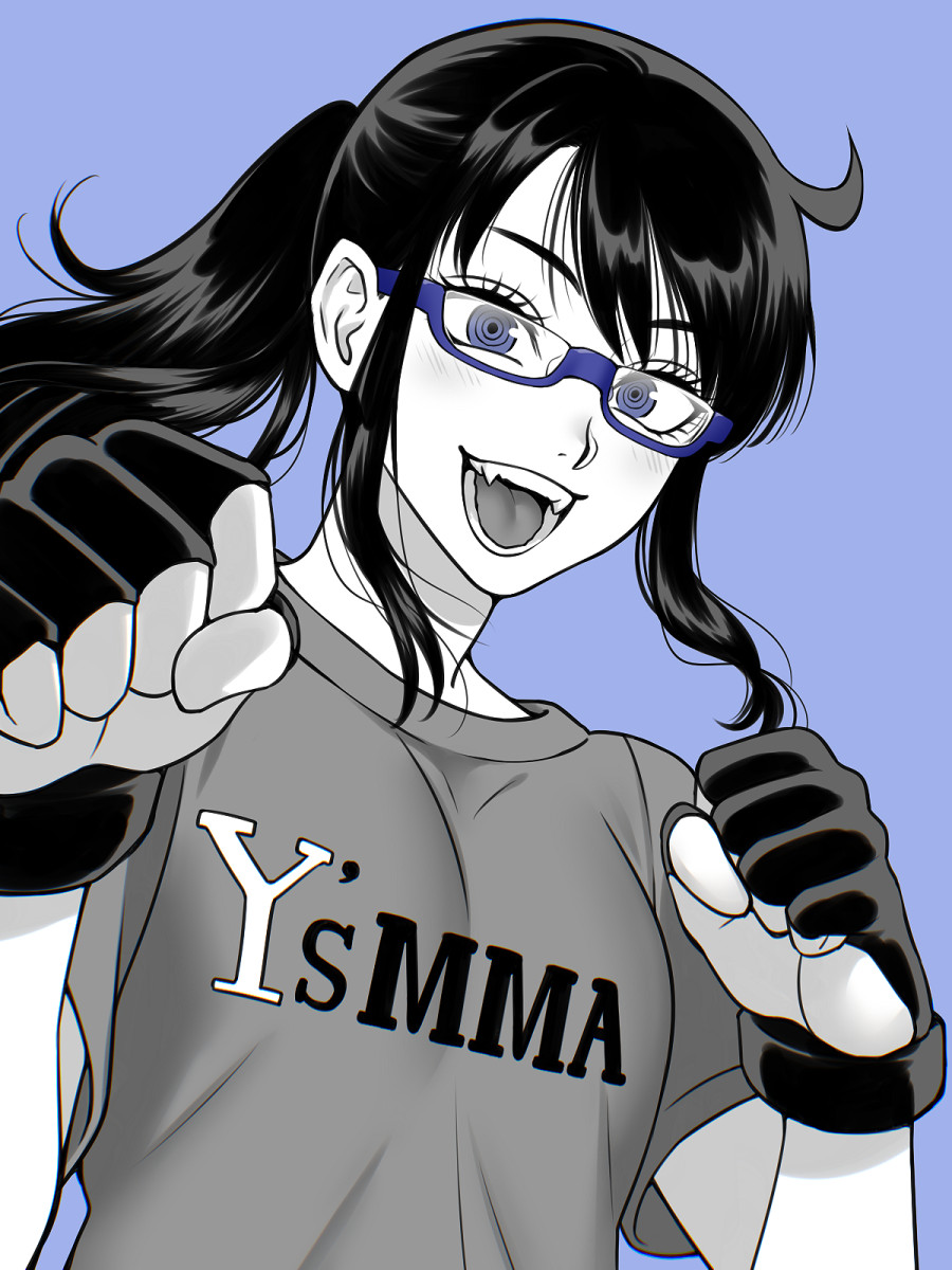 1girl, asumi_kakeru, breasts, clenched_hands, fingerless_gloves, glasses, gloves, highres