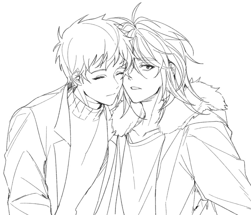 2boys, aji_(sagi_45), atou_haruki, closed_eyes, closed_mouth, commentary_request, fur-trimmed_jacket, fur_trim