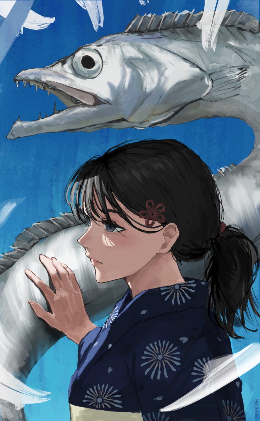 1girl, absurdres, armald0, barracuda, black_eyes, black_hair, blue_kimono, fish, highres, japanese_clothes, kimono, original, ponytail, print_kimono, solo, summer, yukata