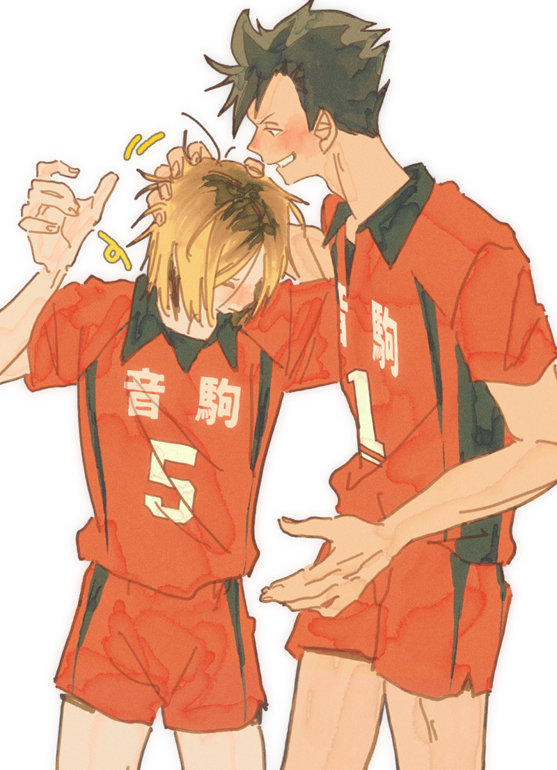 2boys, black_hair, blonde_hair, blush, closed_eyes, collared_shirt, cowboy_shot, day_(dfe7ff), grin, haikyuu!!, hand_in_another's_hair, hand_up, kozume_kenma, kuroo_tetsurou, looking_at_another, male_focus, multicolored_clothes, multicolored_hair, multiple_boys, nekoma_high_volleyball_uniform, red_shirt, red_shorts, roman_numeral, shirt, shorts, simple_background, smile, spiked_hair, sportswear, two-tone_hair, volleyball_uniform, white_background