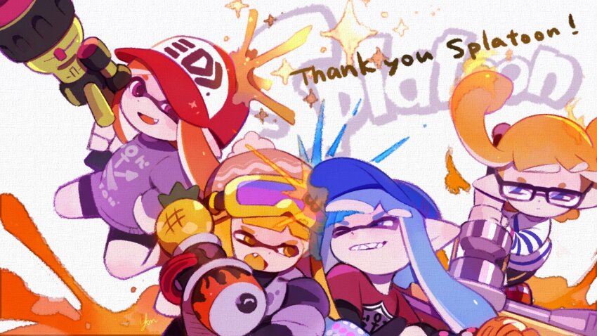 4girls, battle, bespectacled, blue_eyes, blue_hair, closed_mouth, colored_tongue, ending_celebration