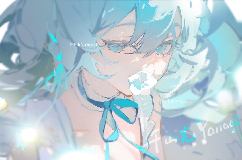 1girl, artist_name, blue_eyes, blue_hair, blue_ribbon, choker, dress, eyelashes