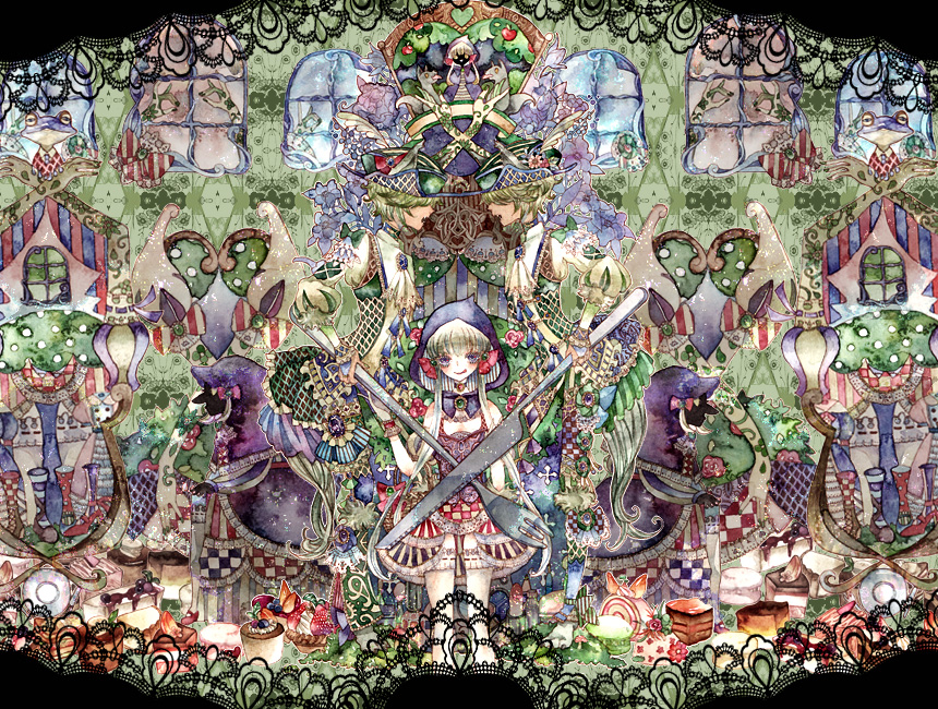 2boys, 3girls, apple, bad_id, bad_pixiv_id, flower, food, fork, framed, frog, fruit, green_theme, knife, licking_lips, multiple_boys, multiple_girls, original, pastry, ribbon, secco_(pixiv), sekko_(gerard_no_koibito), shoes, surreal, tongue, tongue_out, window