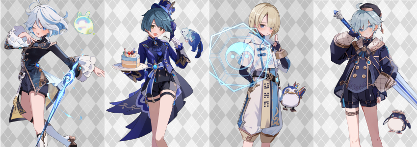 1girl, 3boys, absurdres, ahoge, ascot, asymmetrical_gloves, beret, black_bodysuit, black_gloves, blonde_hair, blue_ascot, blue_eyes, blue_gem, blue_hair, blue_hat, blue_jacket, blush, bodysuit, bow, brooch, cake, cake_slice, chinese_clothes, chongyun_(genshin_impact), chongyun_(genshin_impact)_(cosplay), closed_mouth, cosplay, costume_switch, cowlick, drop-shaped_pupils, fingerless_gloves, food, freminet_(genshin_impact), freminet_(genshin_impact)_(cosplay), frilled_sleeves, frills, furina_(genshin_impact), furina_(genshin_impact)_(cosplay), gem, genshin_impact, gloves, hair_between_eyes, hair_over_one_eye, hat, highres, hood, hood_down, hoodie, jacket, jewelry, leisurely_otter_(genshin_impact), light_blue_hair, lolita_fashion, long_coat, long_sleeves, looking_at_viewer, mismatched_gloves, multicolored_hair, multiple_boys, non-humanoid_robot, one_eye_closed, open_mouth, otter, ouji_fashion, pers_(genshin_impact), robot, robot_animal, seelie_(genshin_impact), short_hair, shorts, smile, streaked_hair, symbol-shaped_pupils, tassel, top_hat, vision_(genshin_impact), white_gloves, white_hair, white_hoodie, white_trim, xingqiu_(genshin_impact), xingqiu_(genshin_impact)_(cosplay), yellow_eyes, yui_4293