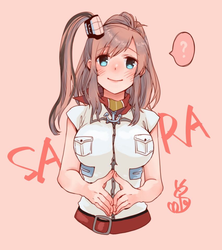 1girl, ?, anchor_ornament, belt, blue_eyes, breast_pocket, breasts, brown_hair