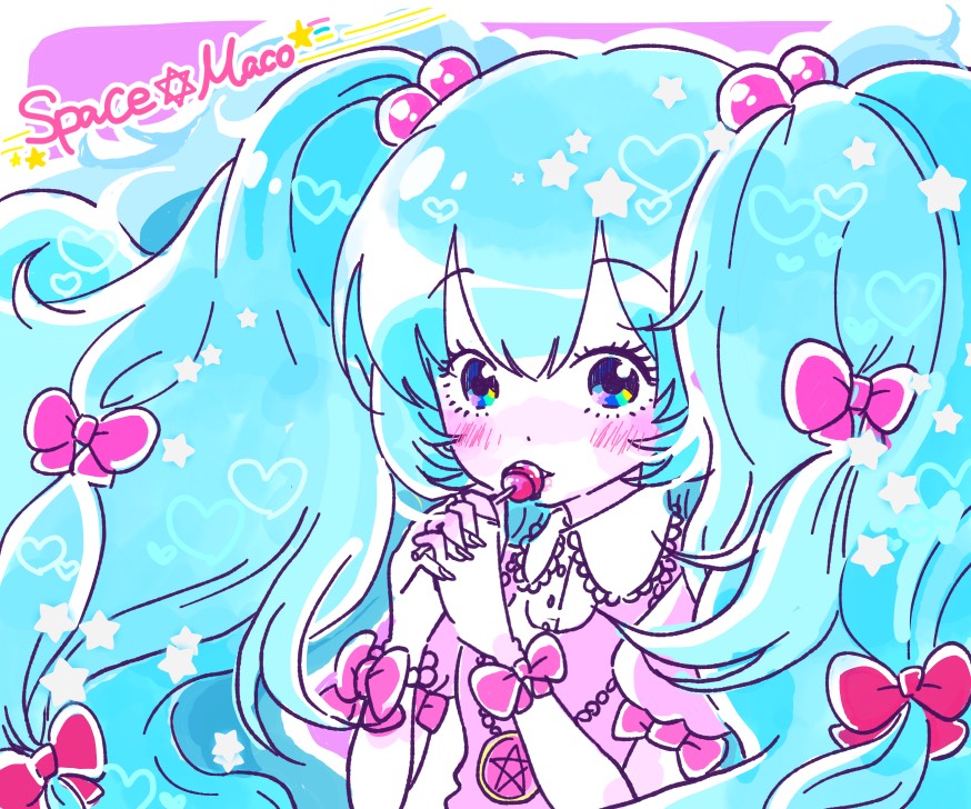 1girl, bemani, blue_hair, blush, bow, candy, character_name, dress