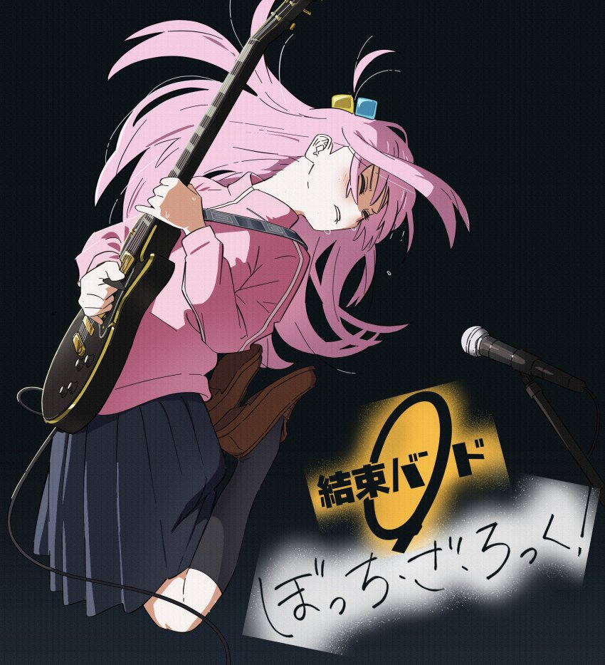 1girl, absurdres, bass_guitar, blush, bocchi_the_rock!, brown_shoes, ch0og0o, cube_hair_ornament