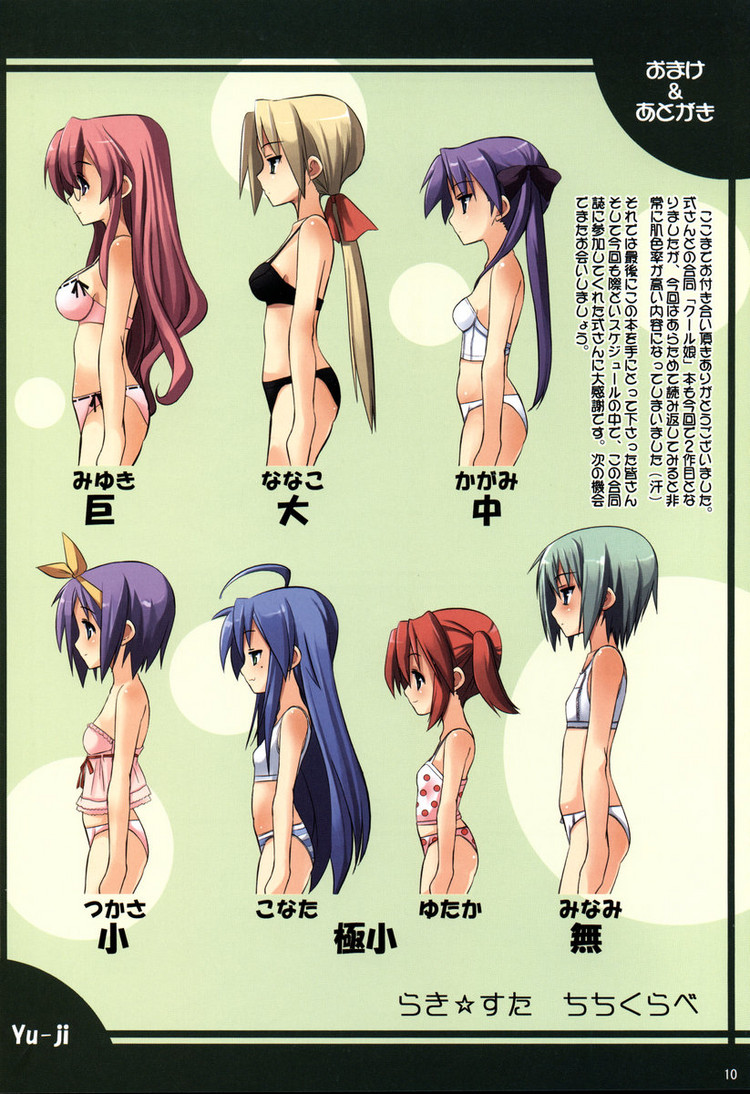 00s, 6+girls, blonde_hair, blue_hair, bra, breasts, bust_chart, chart, comparison, cousins, flat_chest, green_hair, hiiragi_kagami, hiiragi_tsukasa, iwasaki_minami, izumi_konata, kobayakawa_yutaka, kuroi_nanako, lingerie, long_hair, lucky_star, medium_breasts, midriff, mole, mole_under_eye, multiple_girls, panties, pink_hair, ponytail, purple_hair, red_hair, short_hair, siblings, sisters, small_breasts, striped_clothes, striped_panties, takara_miyuki, twins, underwear, yuuji_overall