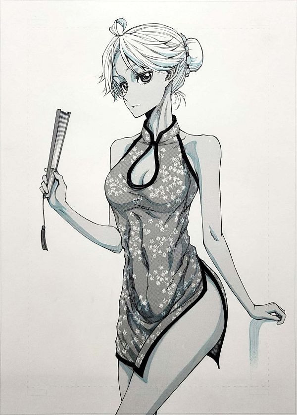 1girl, bellybutton_visible_through_clothes, china_dress, chinese_clothes, closed_mouth, dress, fang, greyscale