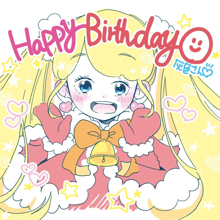 1girl, bell, bemani, blonde_hair, blue_eyes, blush, bow, capelet