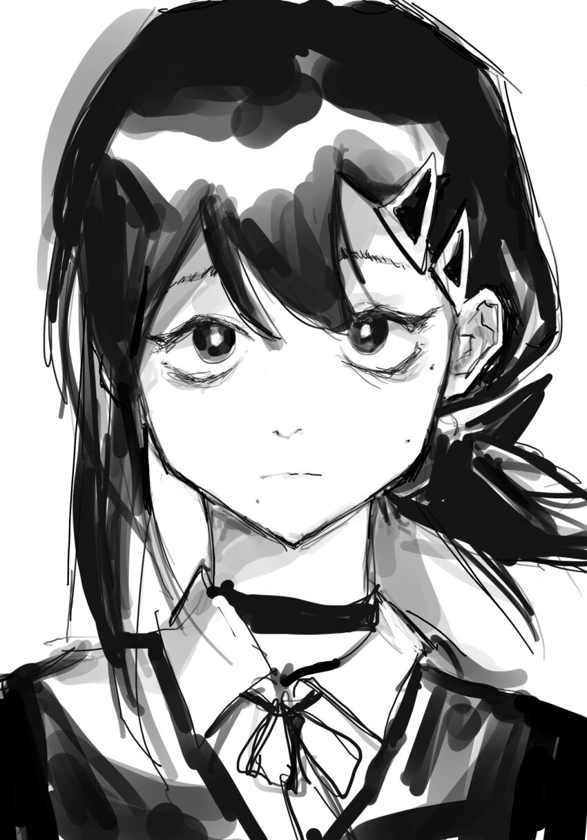 1girl, black_eyes, black_hair, chainsaw_man, choker, colored_skin, expressionless, greyscale, hair_ornament, hairclip, higashiyama_kobeni, highres, itooku, looking_at_viewer, monochrome, white_skin