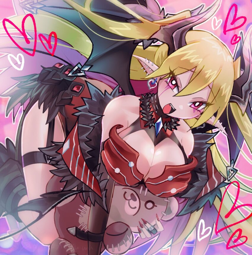 1girl, blonde_hair, breasts, cleavage, cleavage_cutout, clothing_cutout, colored_inner_hair, demon_girl