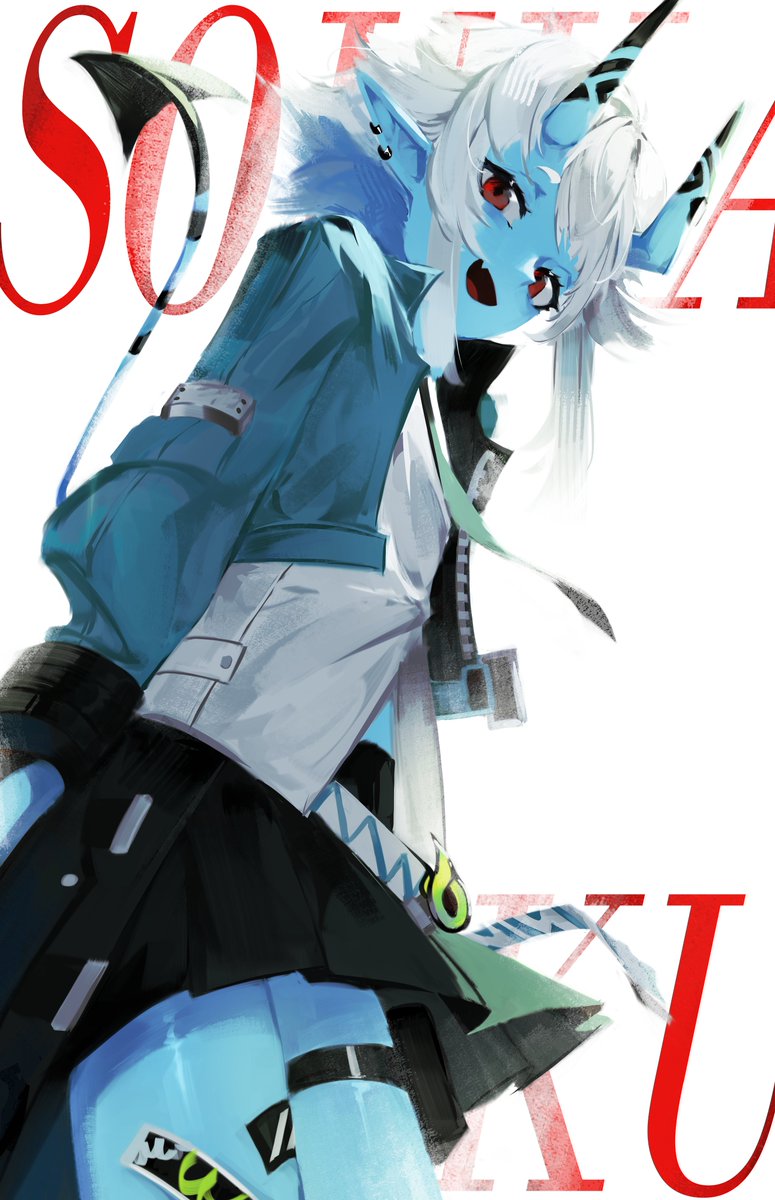 1girl, black_skirt, blue_jacket, blue_skin, blue_tail, character_name, collared_shirt, colored_skin