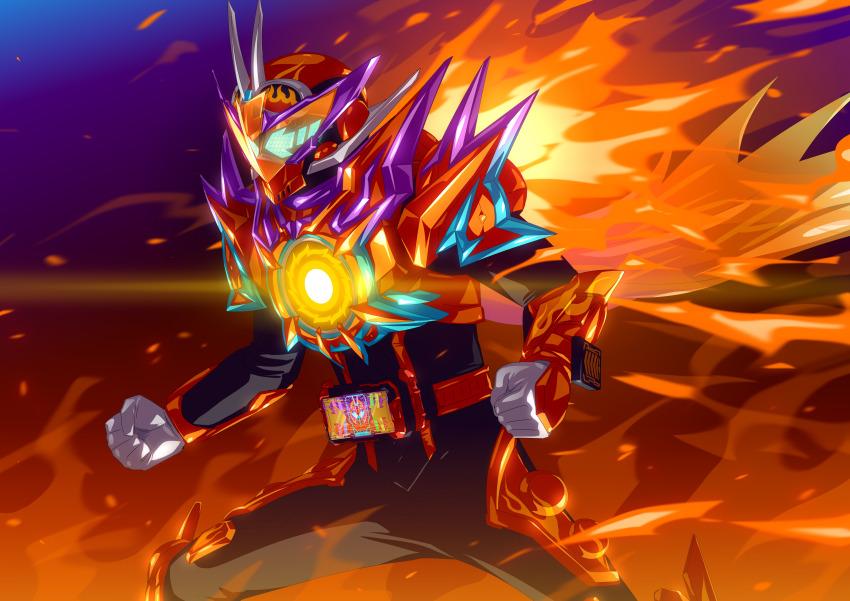 1boy, absurdres, armor, belt_buckle, black_bodysuit, bodysuit, buckle, clenched_teeth, cowboy_shot, fire, gotcha_driver, gotcha_driver_(daybreak), helmet, highres, kamen_rider, kamen_rider_gotchard_(series), kamen_rider_gotchard_daybreak, male_focus, orange_armor, orange_helmet, otokamu, rider_belt, solo, teeth