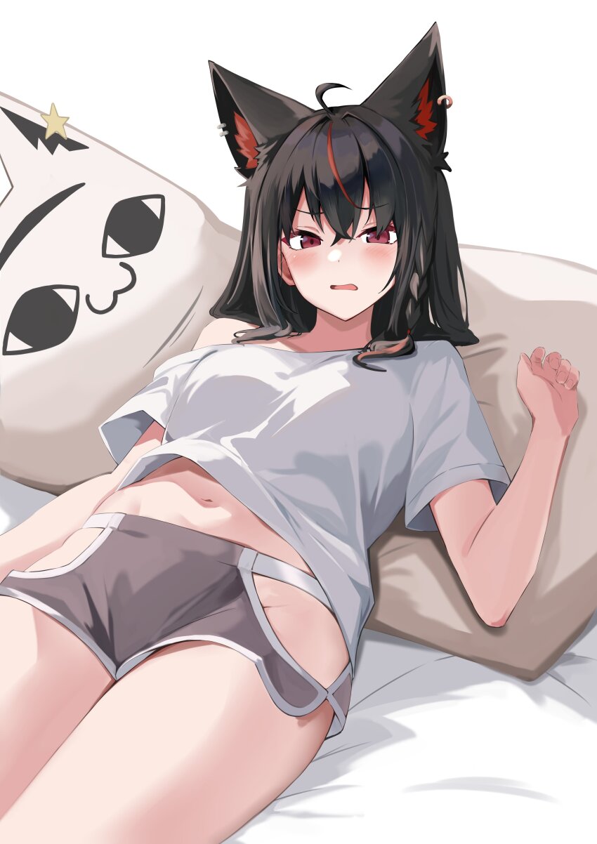 1girl, absurdres, ahoge, alternate_costume, animal_ear_fluff, animal_ear_piercing, animal_ears, bed_sheet