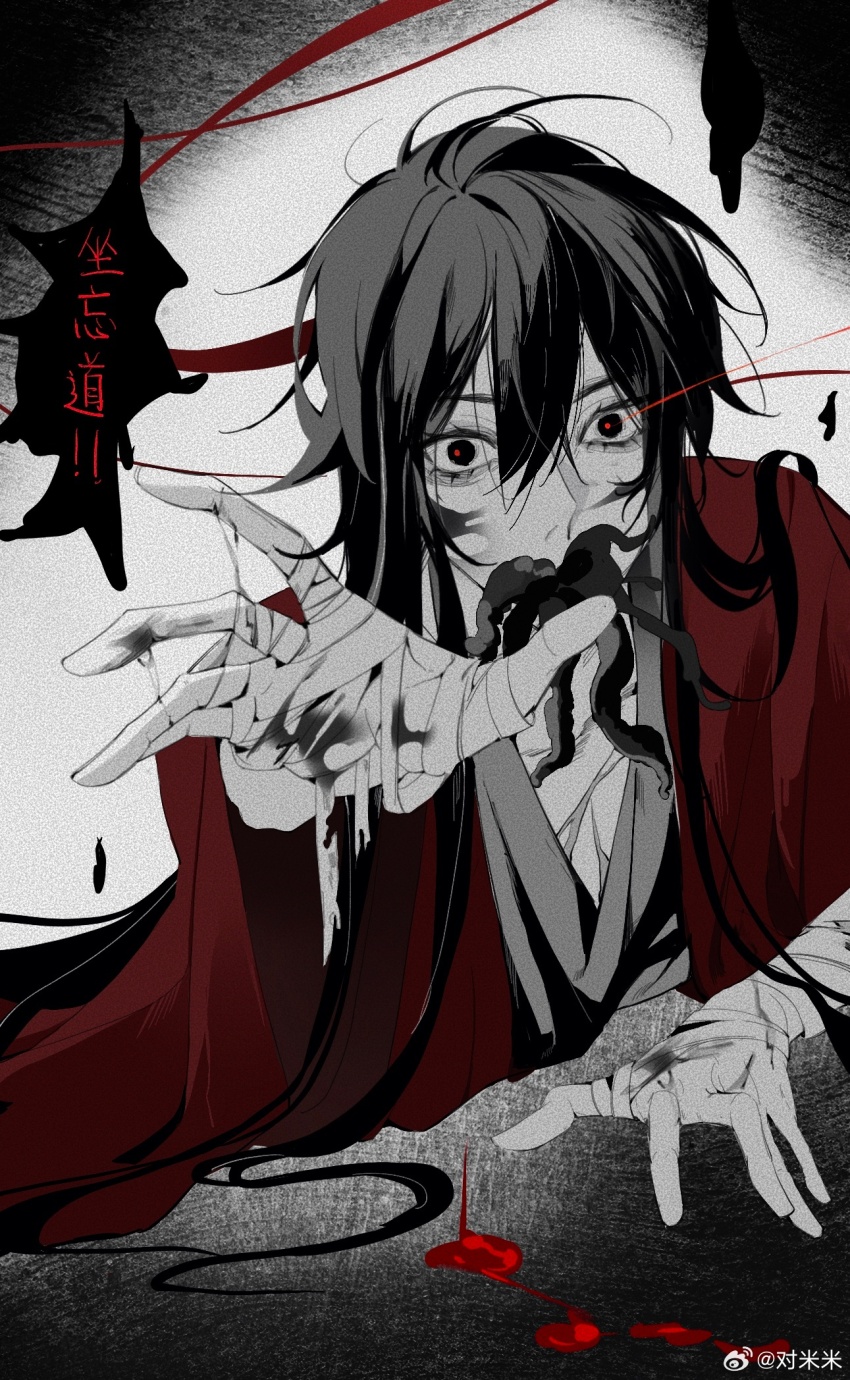 1boy, bandaged_hand, bandages, blood, blood_on_hands, blood_splatter, chinese_clothes, chinese_text