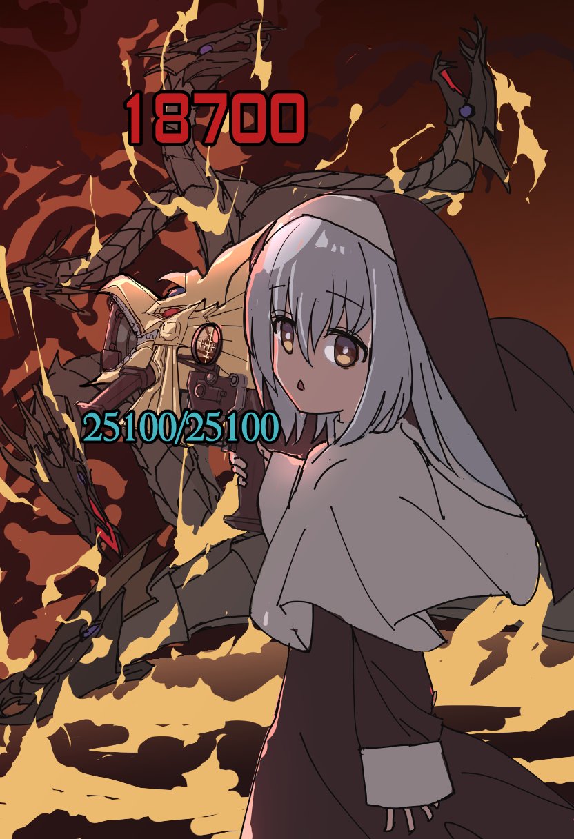 1girl, black_dress, chimeratech_overdragon, damage_numbers, dress, duel_monster, explosion, fire