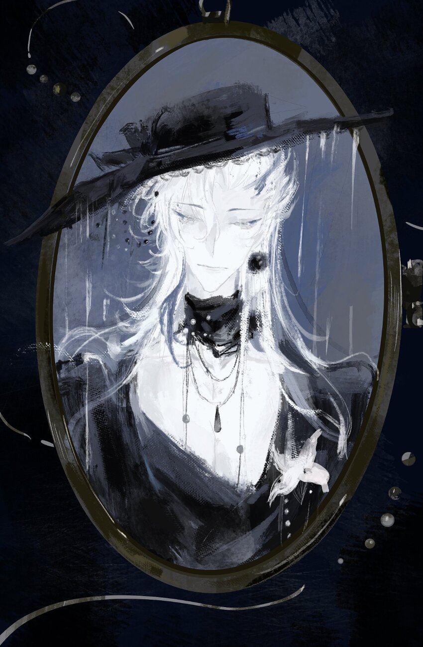 1boy, alternate_costume, androgynous, asymmetrical_bangs, black_collar, black_dress, black_hat, blue_border