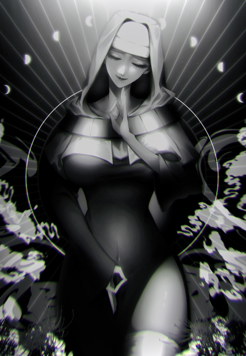 1girl, absurdres, breasts, buddhist_nun, coif, crescent_moon, dress, fate/grand_order, fate_(series), greyscale, highres, large_breasts, monochrome, moon, mudra, nakai111, nun, sessyoin_kiara, side_slit, solo, thighhighs, vitarka_mudra, white_dress, white_thighhighs