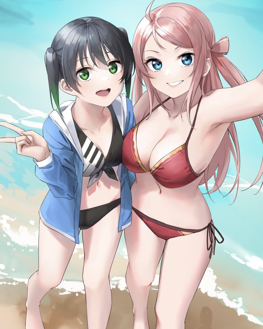 2girls, :d, ahoge, armpit_crease, beach, bikini, black_bikini, black_hair