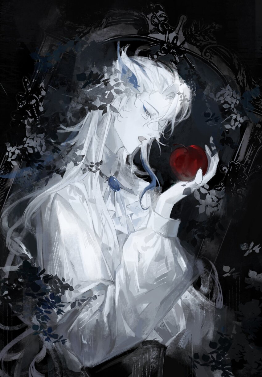 1boy, apple, ascot, asymmetrical_bangs, black_background, blue_eyeliner, blue_hair, brooch