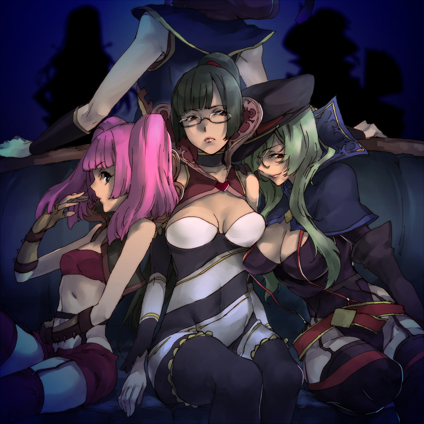 10s, 1boy, 3girls, black_hair, breasts, cleavage, elbow_gloves, fingerless_gloves, glasses, gloves, green_hair, hair_over_one_eye, hat, head_(star_driver), highres, long_hair, miyabi_reiji, multiple_girls, nichi_keito, pink_hair, ponytail, red_eyes, shinada_benio, silhouette, star_driver, tamachi_kuwa, twintails, watanabe_kanako