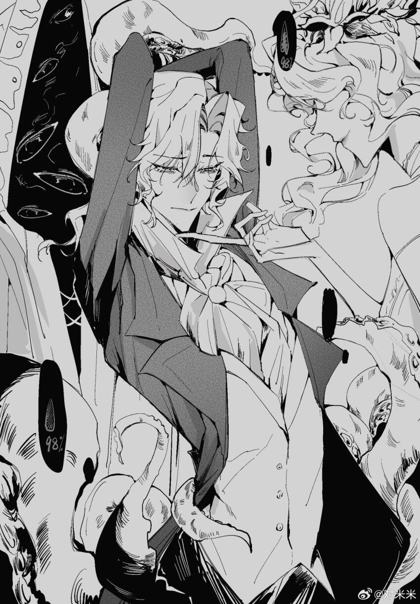 1girl, 2boys, arms_up, ascot, bound, bound_wrists, boy_and_girl_sandwich, braid