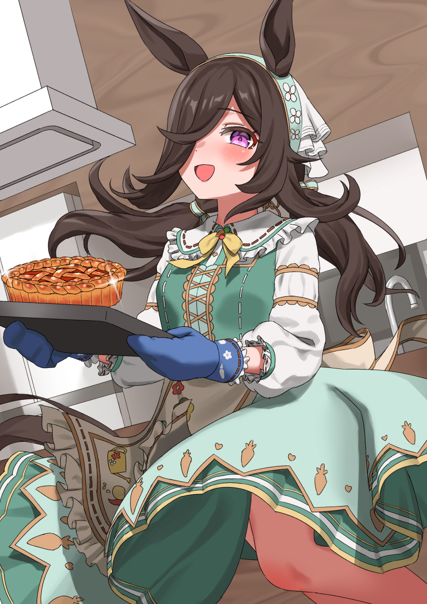 1girl, absurdres, alternate_hairstyle, animal_ears, breasts, cake, factory314, food