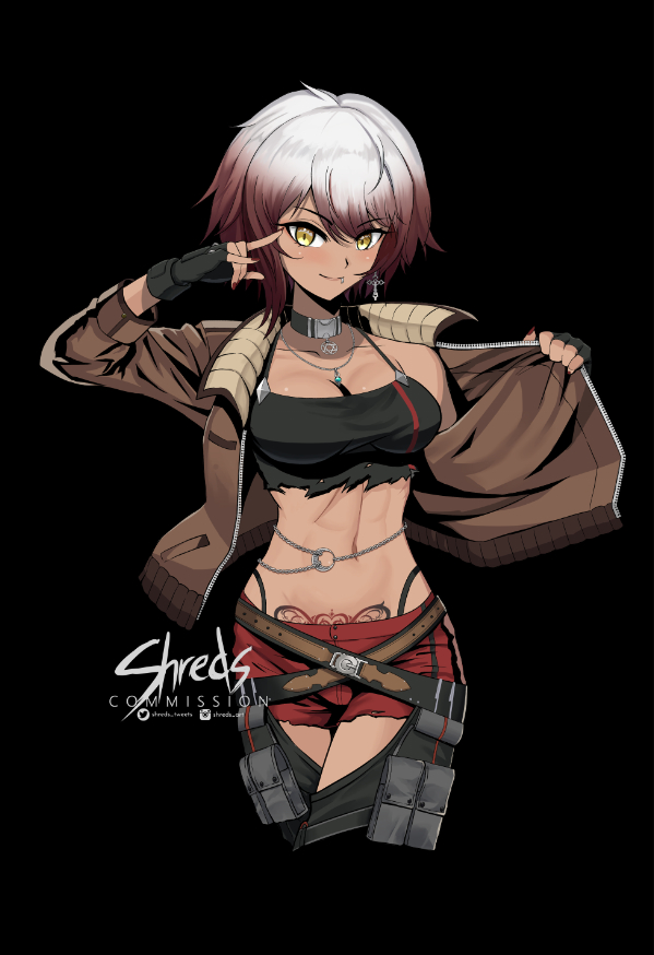 1girl, black_background, black_gloves, breasts, brown_hair, brown_jacket, chaps, closed_mouth