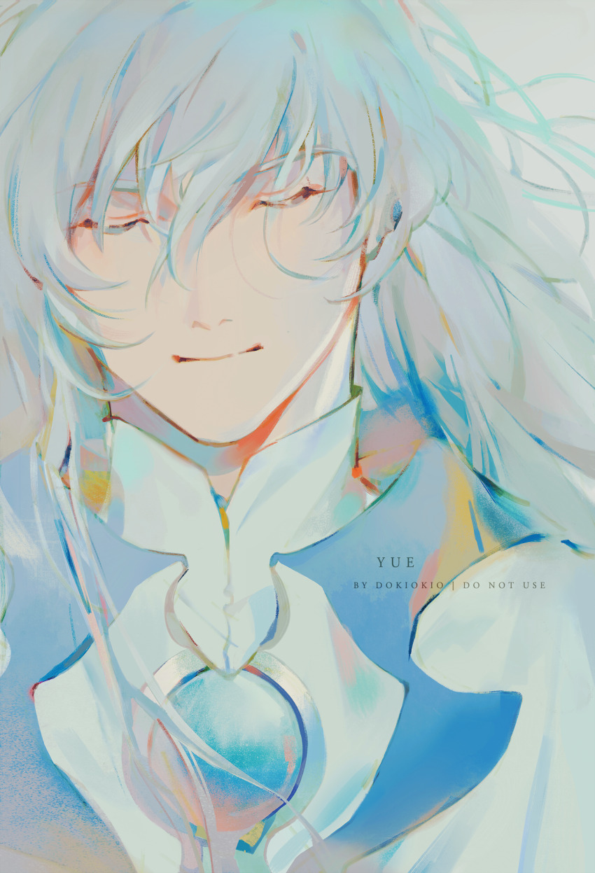 1boy, artist_name, blue_gem, cardcaptor_sakura, character_name, chest_jewel, close-up, closed_eyes, closed_mouth, dokiokio, facing_viewer, gem, hair_between_eyes, highres, light_smile, long_hair, male_focus, portrait, robe, solo, straight-on, white_hair, white_robe, yue_(cardcaptor_sakura)