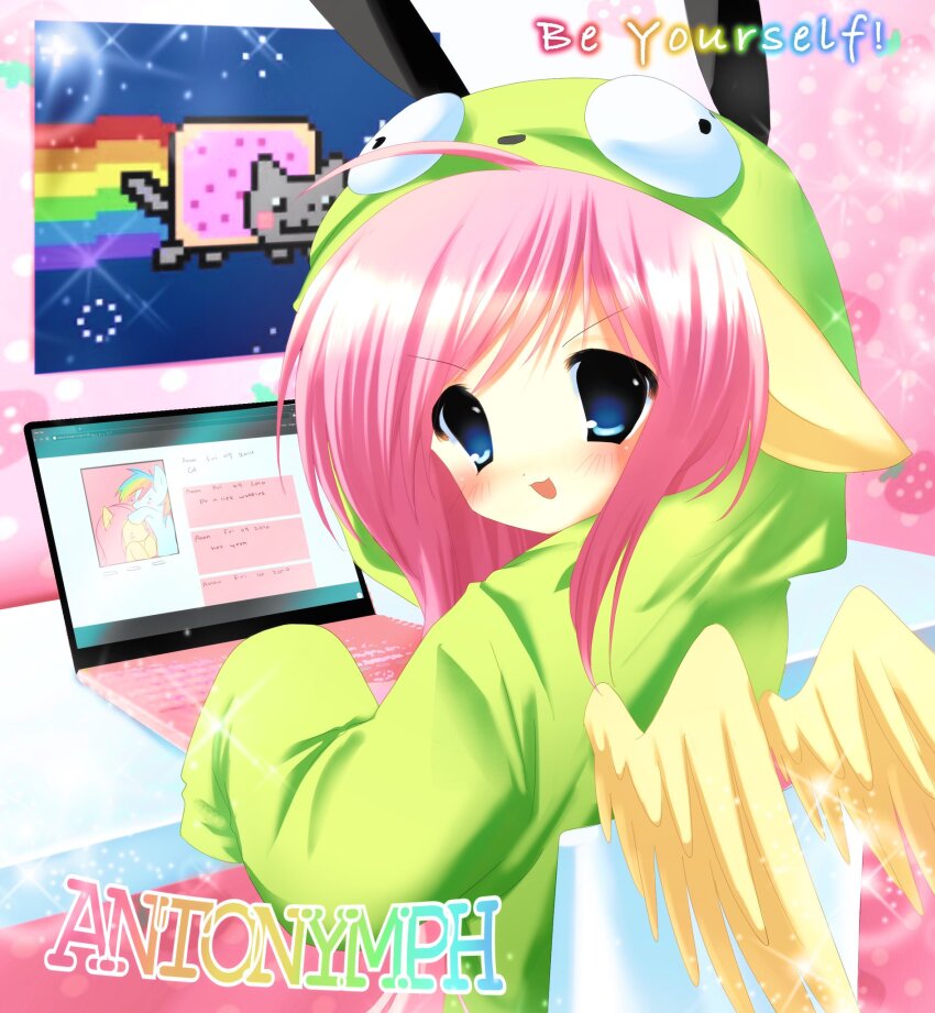 1girl, 2000s_(style), animal_ears, antonymph, blue_eyes, computer, cosplay, english_text