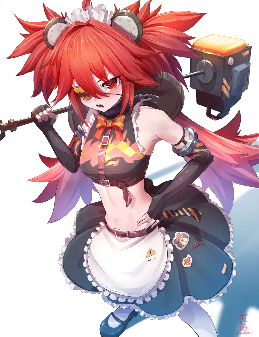 1girl, absurdres, alternate_costume, apron, artist_name, bare_shoulders, black_footwear, black_gloves