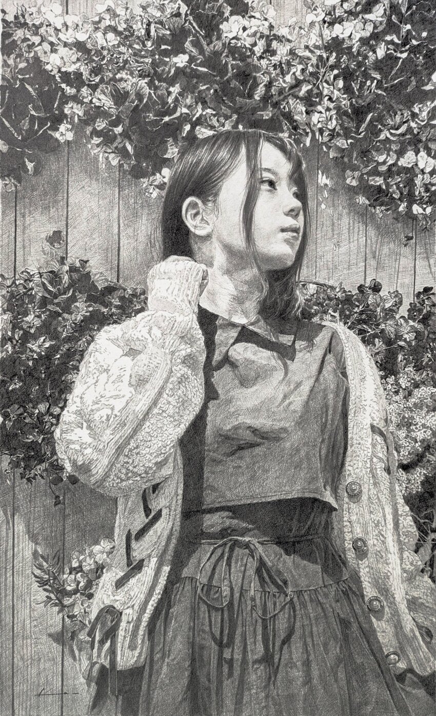 1girl, absurdres, commentary, fence, graphite_(medium), greyscale, highres, jacket