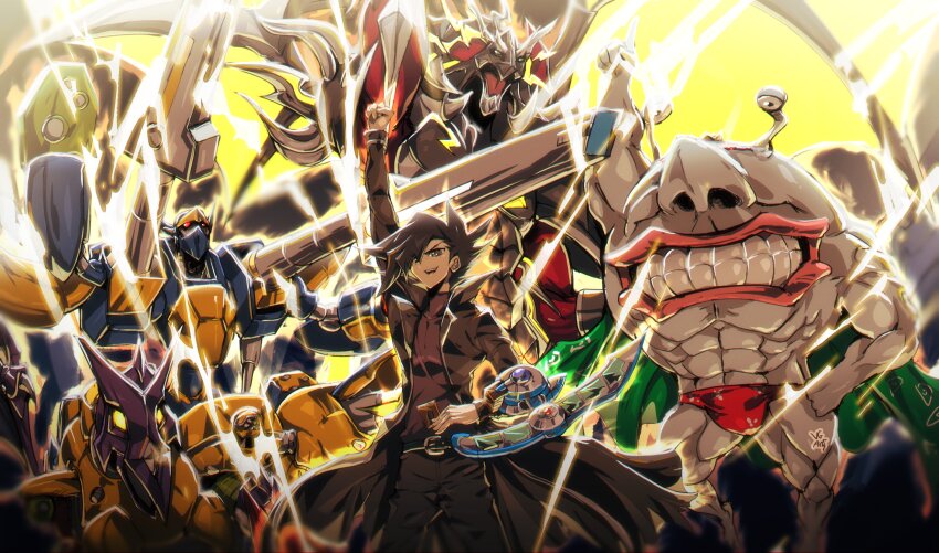 2boys, a-to-z-dragon_buster_cannon, abs, absurdres, arm_up, armed_dragon_thunder, black_hair, card, colored_skin, commentary, cowboy_shot, deck_of_cards, dragon, duel_disk, duel_monster, electricity, english_commentary, highres, holding, holding_card, male_focus, male_swimwear, manjoume_jun, multiple_boys, ojama_king, robot, shoulder_cannon, spiked_hair, swim_briefs, trading_card, vincent_graphic_art, white_skin, wings, yellow_wings, yu-gi-oh!, yu-gi-oh!_gx