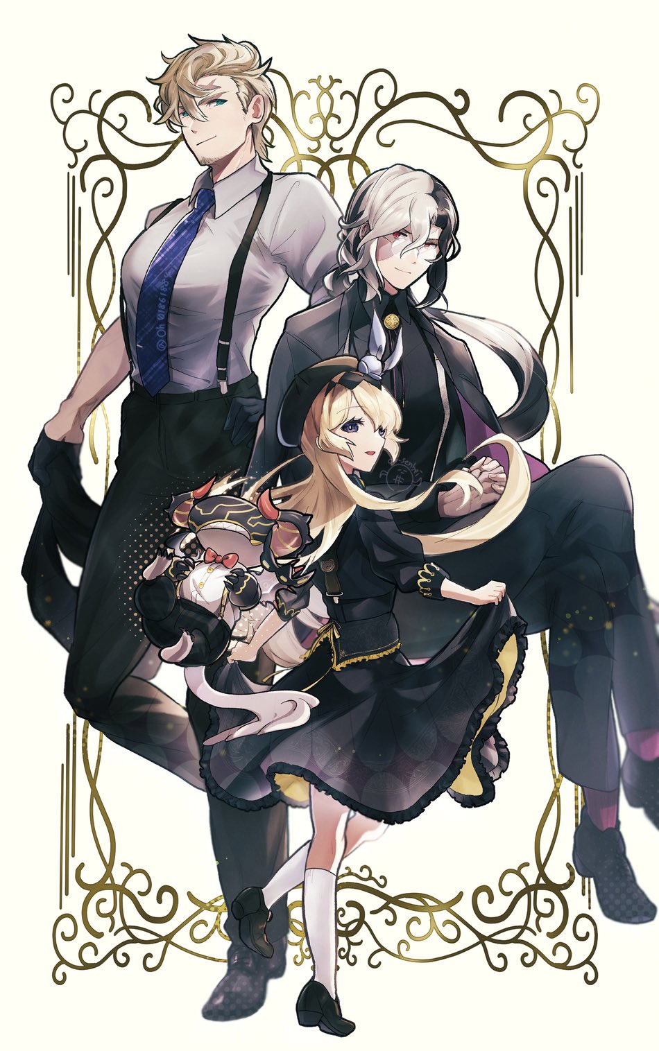 1girl, 2boys, :d, alternate_costume, beret, black_footwear, black_gloves, black_hair