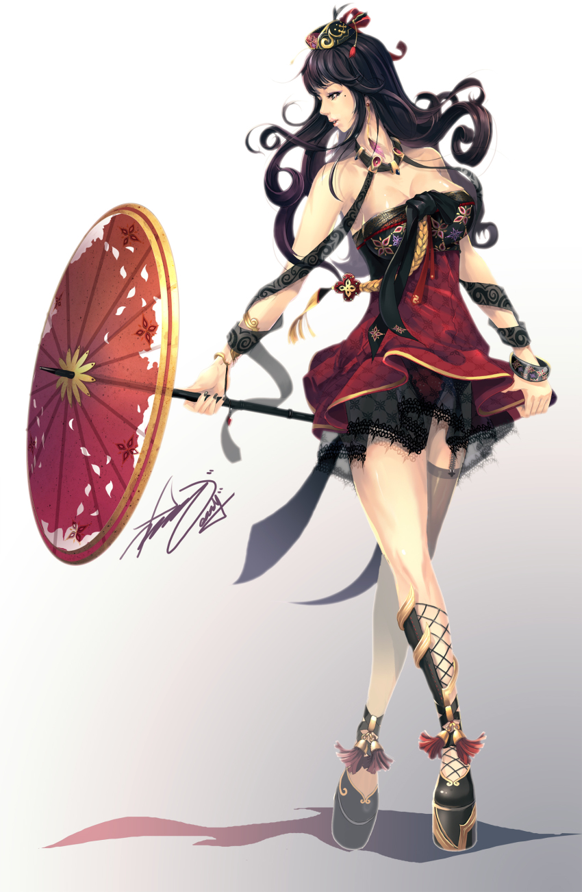 1girl, absurdres, black_hair, breasts, cleavage, easy_(easycrew), female_focus, highres, jewelry, long_hair, nail_polish, necklace, oil-paper_umbrella, original, parasol, platform_footwear, solo, umbrella