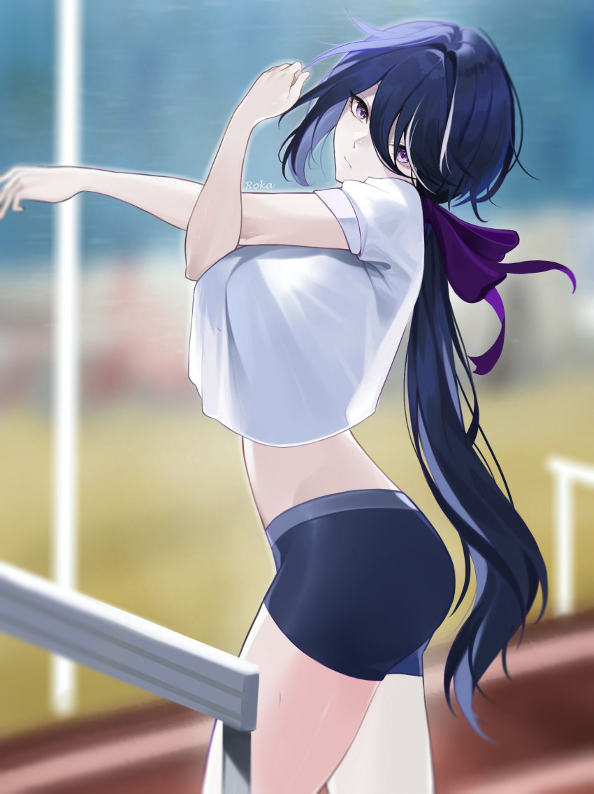 1girl, acheron_(honkai:_star_rail), alternate_costume, artist_name, bike_shorts, exercising, hair_ribbon, highres