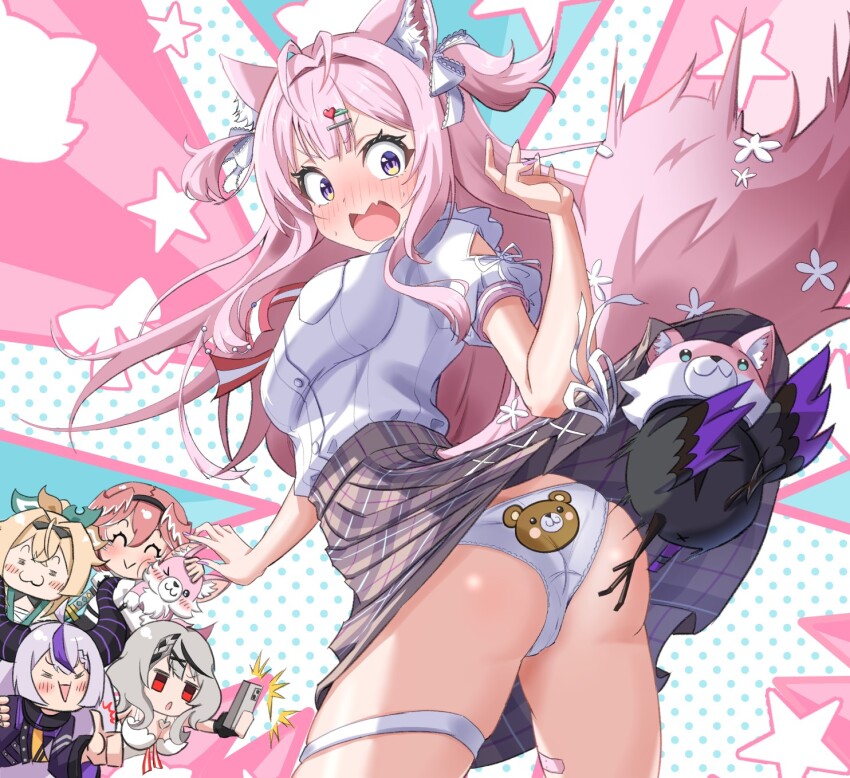 5girls, :3, =_=, ^_^, ahoge, animal_ear_fluff, animal_ears, animal_print, antenna_hair, arm_cutout, ass, back-print_panties, bandaid, bandaid_on_leg, bear_panties, bear_print, black_gloves, black_hairband, black_horns, blue_background, blush, blush_stickers, braid, breasts, camisole, cellphone, closed_eyes, closed_mouth, clothes_lift, clothing_cutout, commentary_request, crow_(la+_darknesss), fang, fingernails, flower, gloves, green_ribbon, hair_ornament, hair_ribbon, hairband, hairclip, hakui_koyori, hakui_koyori_(school_uniform), heart_collar, high-waist_skirt, highres, holding, holding_phone, hololive, holox, horns, jacket, kazama_iroha, kazama_iroha_(1st_costume), kokoro_(hakui_koyori), la+_darknesss, la+_darknesss_(1st_costume), large_breasts, long_hair, long_sleeves, looking_back, medium_breasts, multicolored_hair, multiple_girls, nail_polish, open_mouth, panties, pantyshot, petting, phone, pink_background, pink_hair, pink_nails, pink_ribbon, plaid_clothes, plaid_skirt, pocket, polka_dot, polka_dot_background, print_panties, purple_eyes, purple_hair, purple_horns, purple_jacket, purple_skirt, red_eyes, red_ribbon, ribbon, sakamata_chloe, sakamata_chloe_(1st_costume), school_uniform, serafuku, shirt, short_sleeves, skin_fang, skirt, skirt_lift, smartphone, smile, star_(symbol), streaked_hair, striped_horns, striped_ribbon, sword, tail, tail_flower, tail_ornament, takane_lui, takane_lui_(1st_costume), taking_picture, thigh_strap, thighs, thumbs_up, toriyoshi_(mmxn3582), twisted_torso, two-tone_hair, two-tone_ribbon, two_side_up, underwear, virtual_youtuber, weapon, white_background, white_camisole, white_panties, white_ribbon, white_serafuku, white_shirt, wolf_ears, wolf_girl, wolf_tail