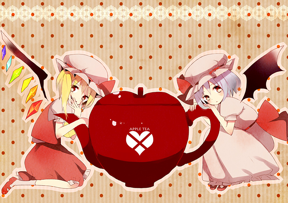 2girls, ascot, bat_wings, blonde_hair, blue_hair, blush, female_focus, flandre_scarlet