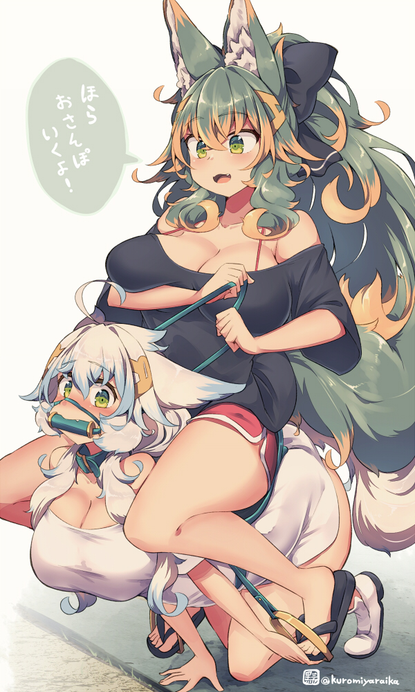2girls, animal_ear_fluff, animal_ears, bit_gag, black_footwear, black_shirt, blue_hair, breasts, cleavage, commentary_request, crushing_hand, fang, gag, green_eyes, green_hair, grey_background, hand_crush, kuromiya, kuromiya_raika_(kuromiya), large_breasts, looking_at_viewer, multicolored_hair, multiple_girls, open_mouth, orange_hair, original, riding, sandals, shiromiya_asuka_(kuromiya), shirt, simple_background, sitting, sitting_on_person, speech_bubble, tail, toes, translation_request, two-tone_hair, white_hair, white_shirt